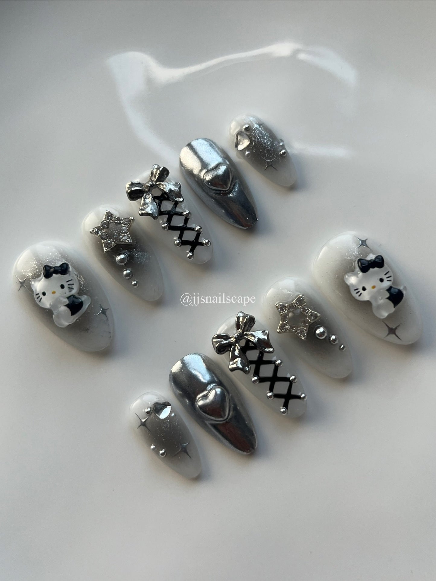 Silver Chrome Hello Kitty Nails
