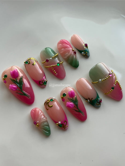 3D Pink and Green Tulip Nails