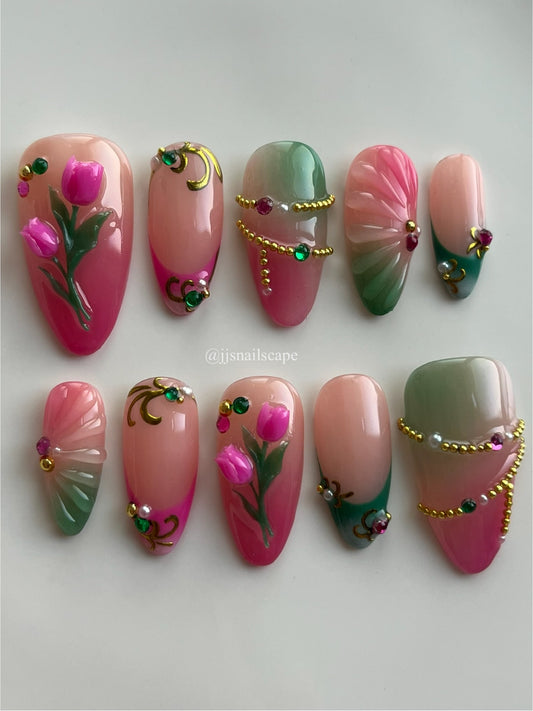 3D Pink and Green Tulip Nails
